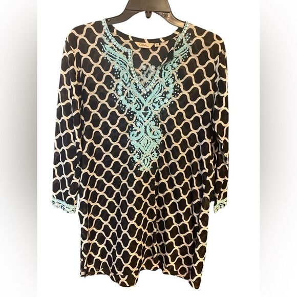 Sulu Sz 6 Black Turquoise Ornate Intricate Embroidered Statement Sleeve Tunic - Picture 1 of 9